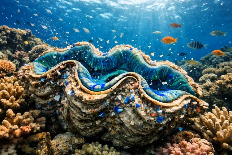 A giant clam nestled in a vibrant reef